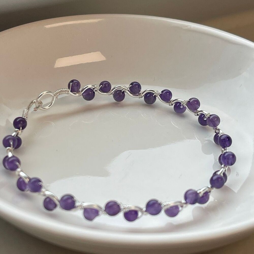 Amethyst purple 8” silver tone copper wire beaded beads handcrafted handmade dai